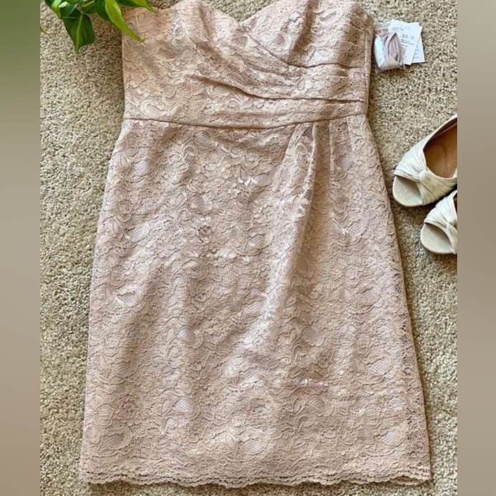 David's Bridal short tan lace dress.